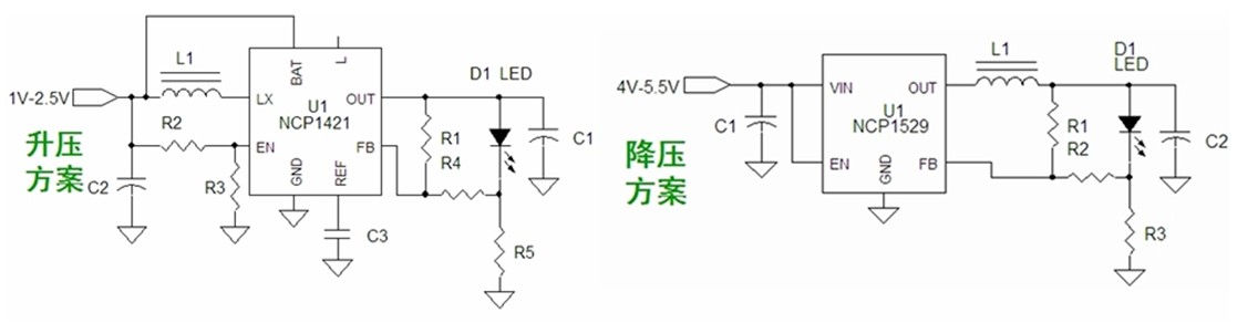 圖7:基于NCP1421的升壓型和基于NCP1529的降壓型1-3 W手電筒LED應(yīng)用