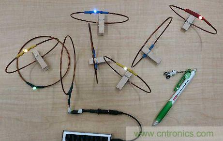 用來驗證&ldquo;直流共振方式&rdquo;的試制系統(tǒng)。在線圈間傳輸電力，點亮LED