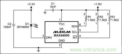圖2：MAX44000典型電路，帶有發(fā)射器旁路