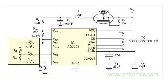 圖1：測量電路測三個(gè)點(diǎn)的值，微控制器就可以計(jì)算出傳感器值