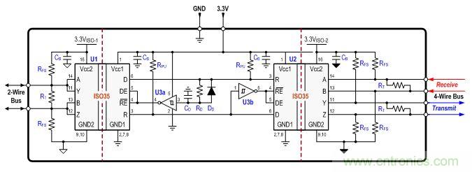 圖 4 :雙隔離式二到四線轉(zhuǎn)換器設(shè)計