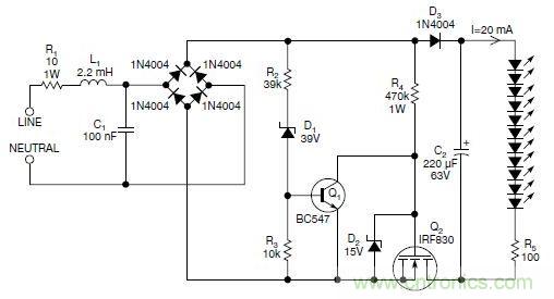 圖2：斬波工作類似圖1中的電路，但以較大的LED串聯(lián)電阻代替了恒流源，提供限流功能