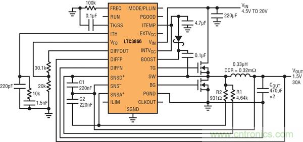 圖2：以非常低的DCR完成采樣的高效率、1.5V/30A降壓型轉(zhuǎn)換器