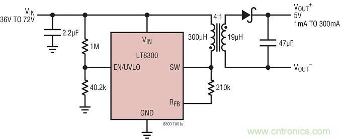 圖 1:具主端輸出電壓檢測(cè)的 LT8300 反激式轉(zhuǎn)換器