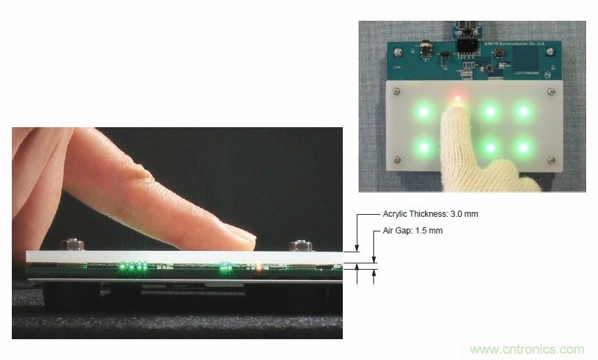 圖7. 安森美半導(dǎo)體電容式觸摸傳感器具有高度靈敏度，支持戴手套觸摸，支持含氣隙應(yīng)用