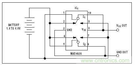 該電路檢測電池極性，并迅速接通負載或切換電池極性