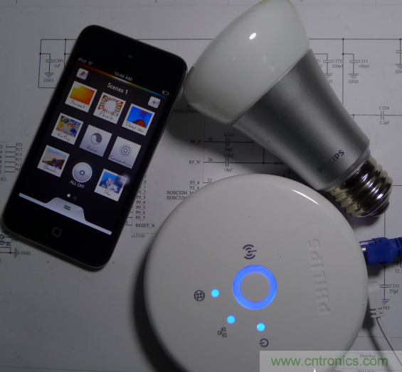 三個組合（控制盒、Hue 燈泡、iOS 的 APP）