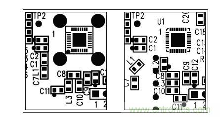  圖中所示為兩種不同的PCB布局，其中一種布局的元件排列方向不合理（L1和L3），另一種的方向排列則更為合適。