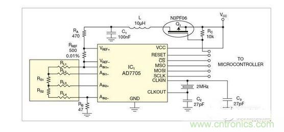 測量電路測三個點的值，微控制器就可以計算出傳感器值