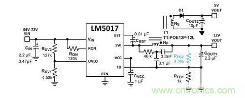 基于 LM5017 的 Fly-Buck 轉(zhuǎn)換器電路，沒(méi)有基于光耦合器的穩(wěn)壓電路