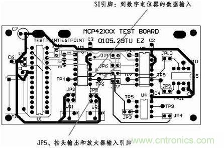 這是對(duì)圖2所示電路的第一次布線嘗試。此配置在模擬線路上產(chǎn)生不規(guī)律的噪聲，這是因?yàn)樵谔囟〝?shù)字走線上的數(shù)據(jù)輸入碼隨著數(shù)字電位器的編程需求而改變。