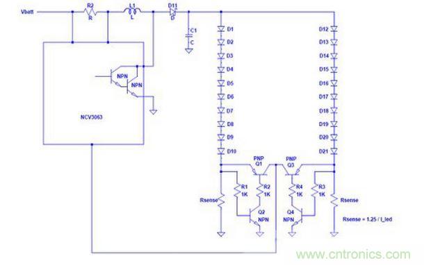 基于NCP3063 單個電流環(huán)路驅動多串LED