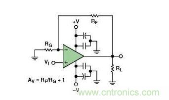 典型的運算放大器電路，(a)原設計圖，(b)考慮寄生效應后的圖