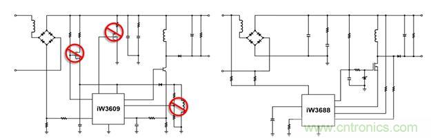 相比前代產(chǎn)品iW3609（左），iW3688（右）采用專利數(shù)字算法，完全消除了外部泄放電路、外部VCC電路和啟動電路