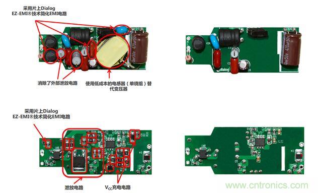 iW3688消除了20 多個外部元器件，降低BOM成本達20%~25%（左右分別為方案對比，上下為PCB正反面）