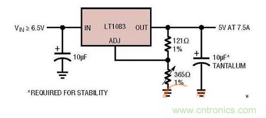 集成型線性穩(wěn)壓器實(shí)例：只有3個(gè)引腳的7.5A線性穩(wěn)壓器。