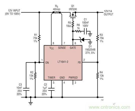 過壓瞬態(tài)保護(hù)器將輸出箝位在24V左右，如果輸入降至低于9V就斷接