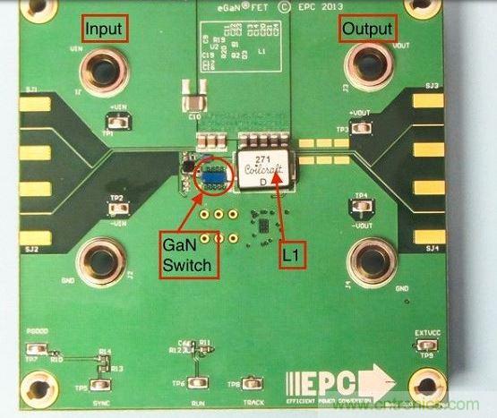 演示板用于顯示GaN的EMI。該GaN組件被圈定，我會在L1左側(cè)測量切換的波形。