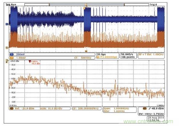 使用示波器模擬通道上的無(wú)源探針找出與射頻關(guān)聯(lián)的信號(hào)。