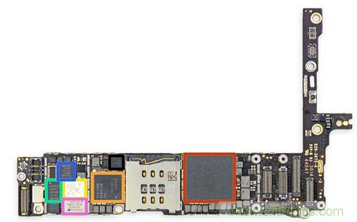iPhone 6 Plus主板采用1GB RAM的蘋果A8 SoC作為核心部件。（來源：iFixit）