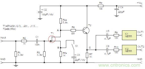 圖3：采用兩個工作在不同頻率下的555定時器電路，以獲取不同的音效。