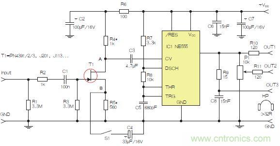 圖2：含JFET輸入和NE555的耳機/線路驅動器。