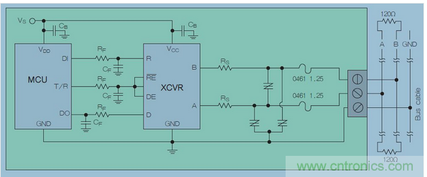 在高暴露環(huán)境中的RS-485總線的電路保護(hù)示意圖中，上圖類似&ldquo;Z&rdquo;字形的符號可代表多種過壓保護(hù)解決方案，包括Q2L系列SIDACtor保護(hù)晶閘管(圖7)。