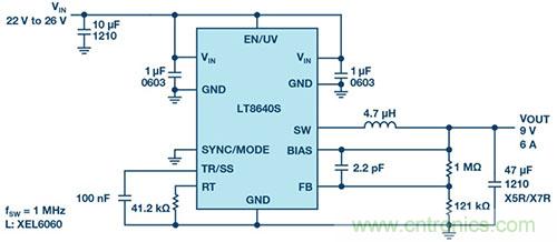 42 V、6 A（峰值7 A）、超低EMI輻射、高效率降壓型穩(wěn)壓器