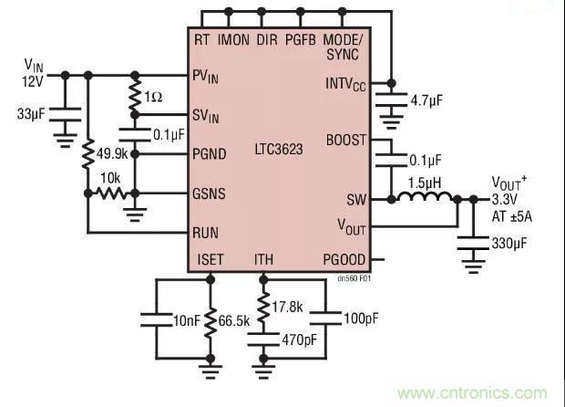 高效率、15V 軌至軌輸出同步降壓型穩(wěn)壓器能提供或吸收 5A