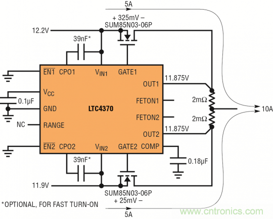 針對三個或四個電源的簡易平衡負載均分，即使電源電壓不等也絲毫不受影響