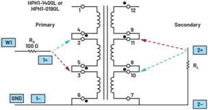   材料  ? ADALM2000主動學習模塊 ? 無焊試驗板和跳線套件 ? 一臺HPH1-1400L 6繞組變壓器 ? 一臺HPH1-0190L 6繞組變壓器 ? 兩個100 Ω電阻  說明  在無焊試驗板上構(gòu)建圖2所示的電路。需要使用此設(shè)置來測量初級/次級匝數(shù)比為1:1的三種不同配置下，兩個變壓器型號各自的頻率響應。兩個紅色箭頭表示在初級和次級使用同一個線圈的配置中連接源電阻和負載電阻的位置。藍色箭頭對應的是在初級和次級使用兩個串聯(lián)線圈的配置。綠色箭頭對應的是在初級和次級使用三個串聯(lián)線圈的配置。